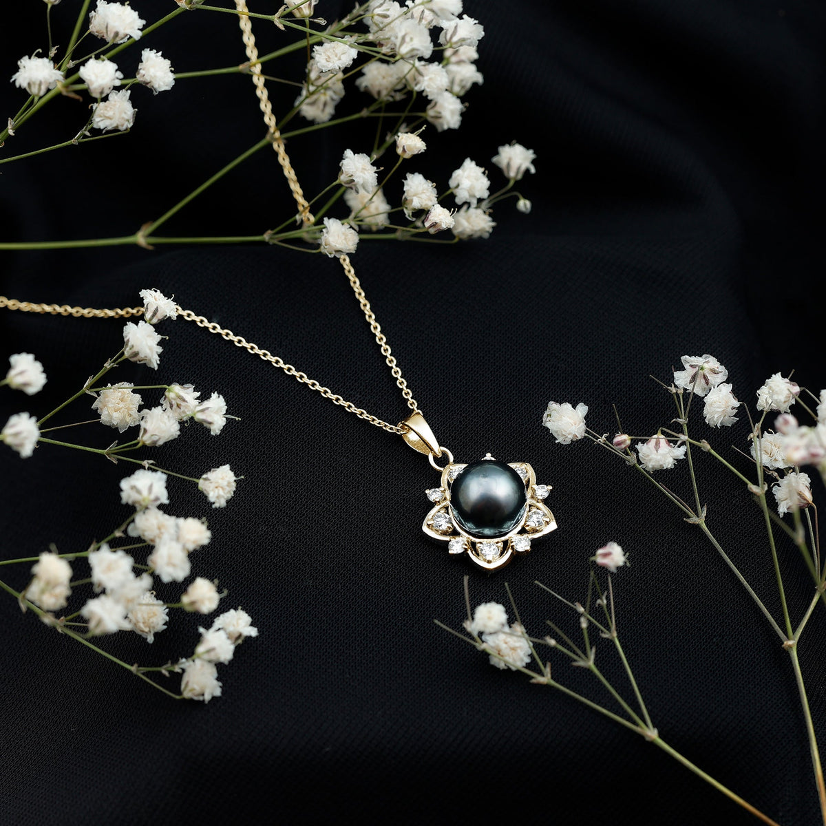 Real Tahitian Pearl and Diamond Star Pendant Necklace With Chain