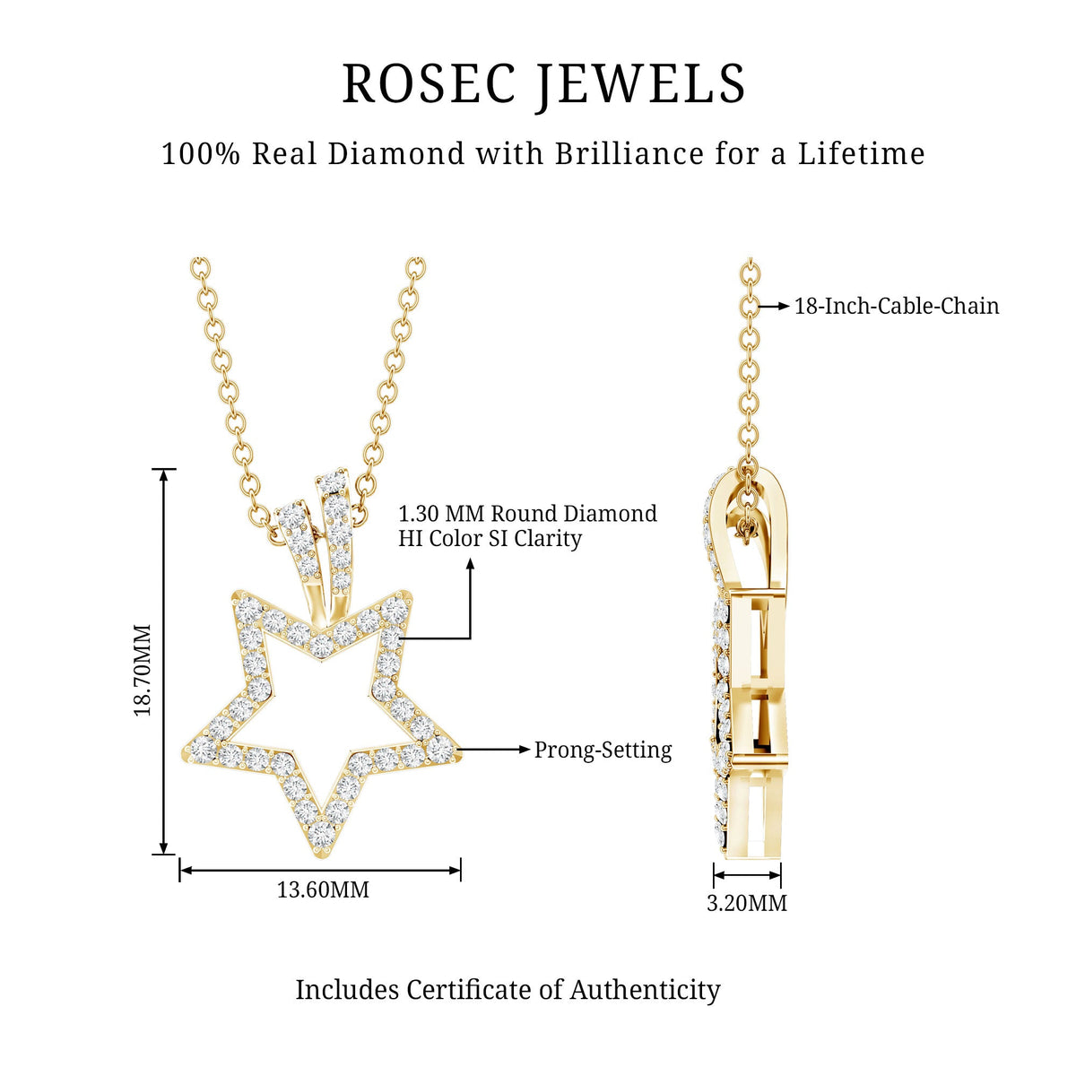 Natural diamond star pendant for women, elegant jewelry by Rosec Jewels featuring sparkling diamond accents.