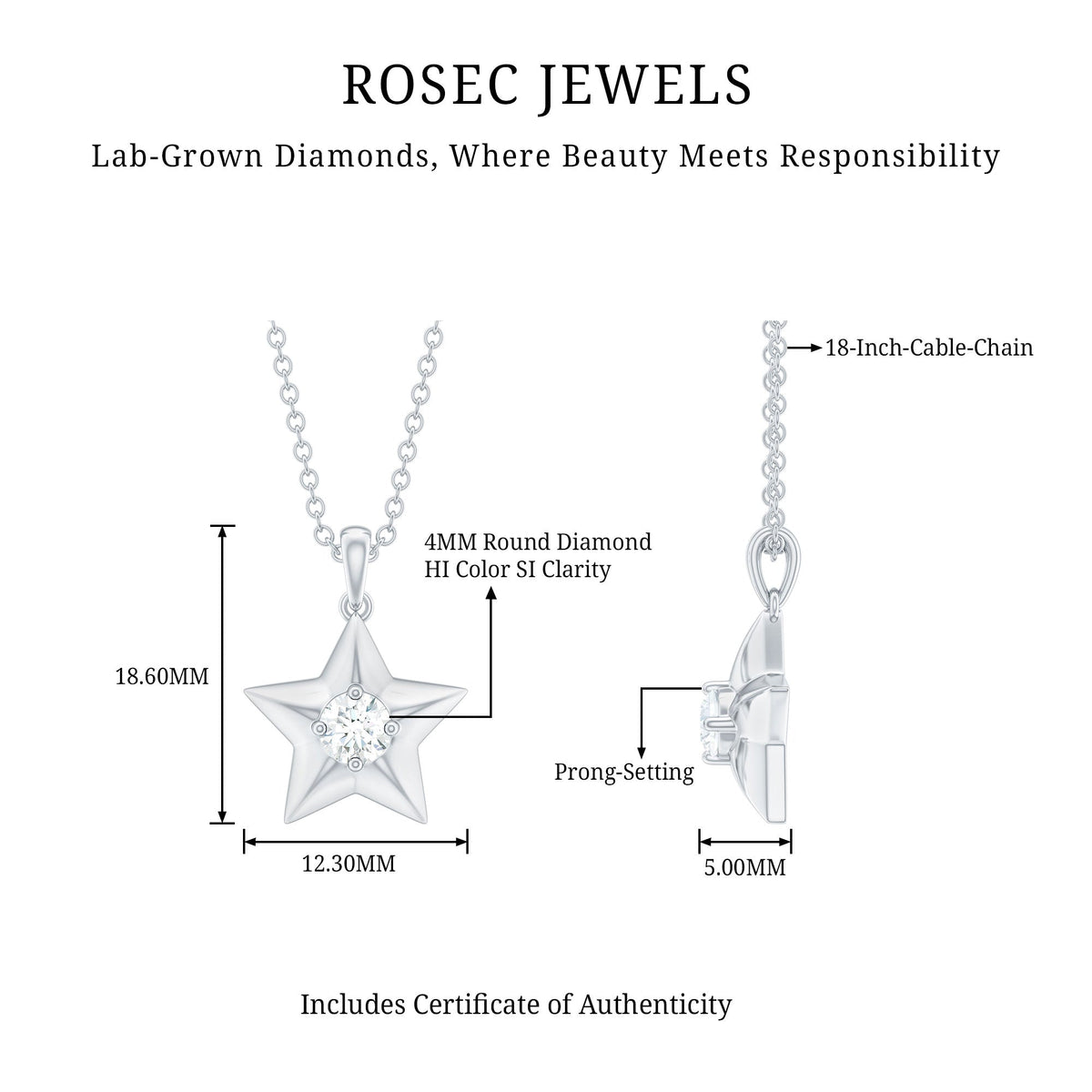 Certified diamond star pendant necklace from Rosec Jewels featuring a sparkling diamond-studded star pendant.