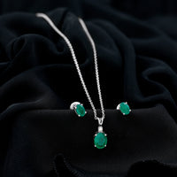Genuine Emerald Solitaire Pendant and Earrings Set with Lab Grown Diamond