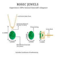 Genuine Emerald Solitaire Pendant and Earrings Set with Lab Grown Diamond