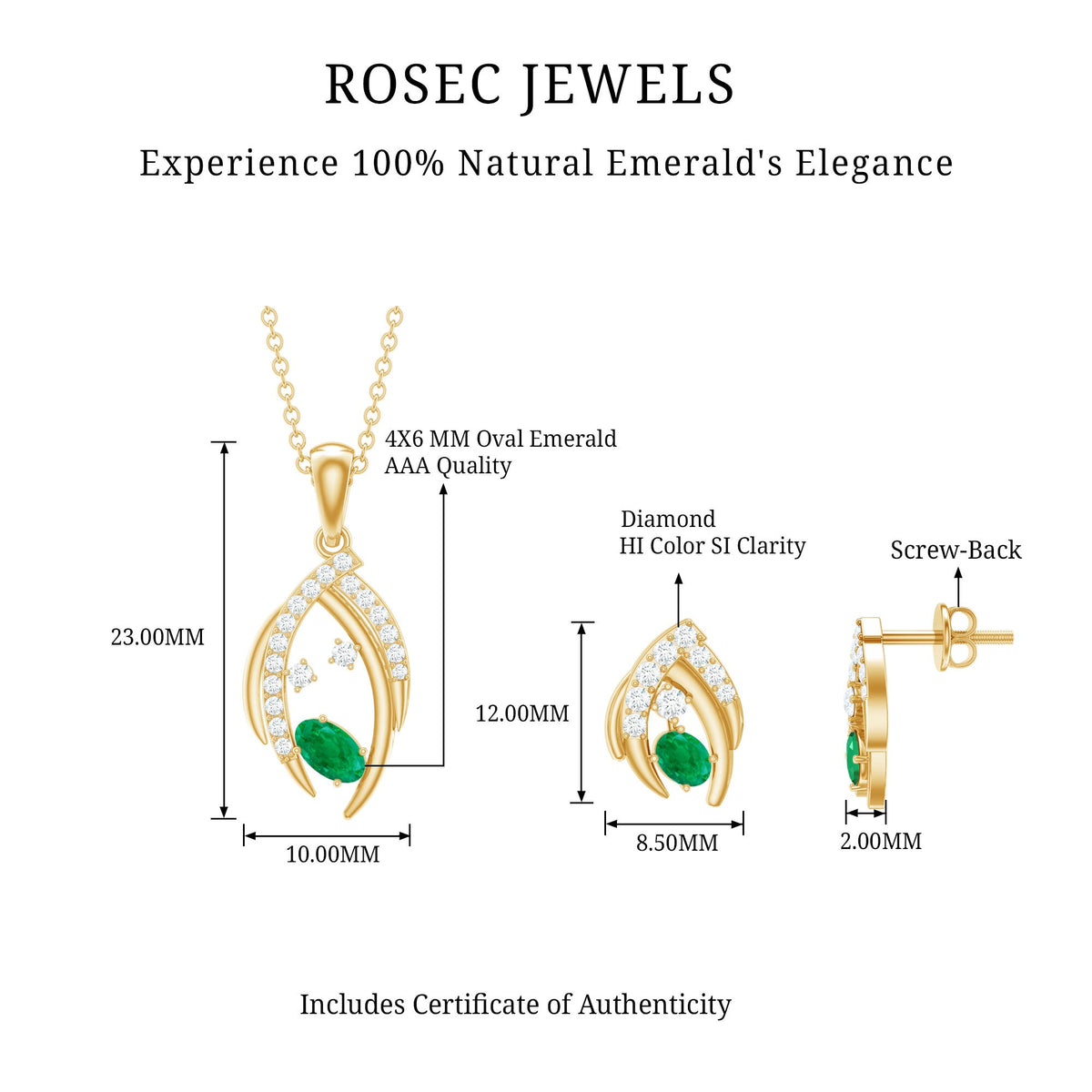 Minimalist Emerald and Diamond Necklace and Earrings Set