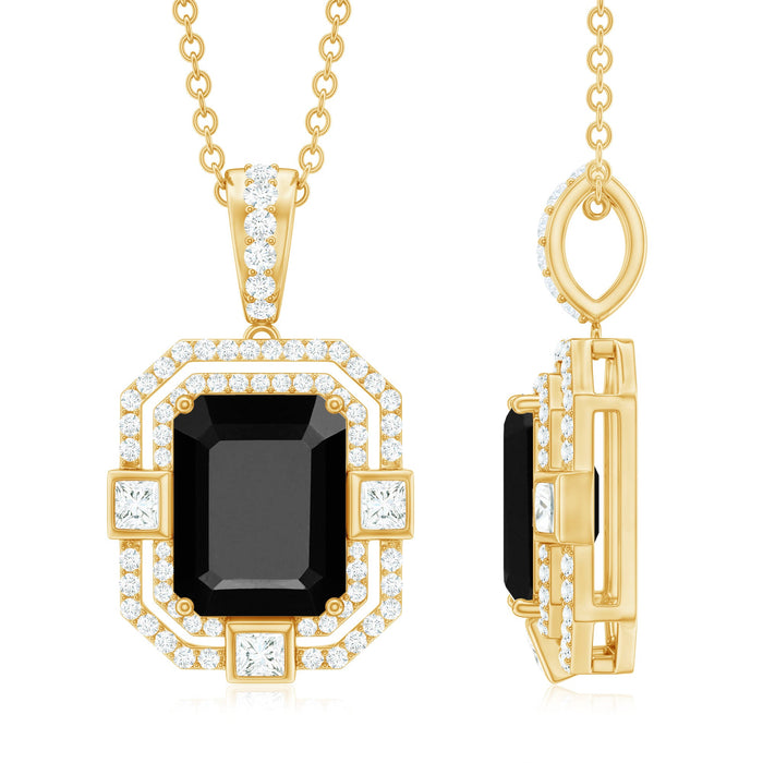 Vintage-inspired black spinel pendant necklace with diamond accent from Rosec Jewels, showcasing elegant jewelry design.