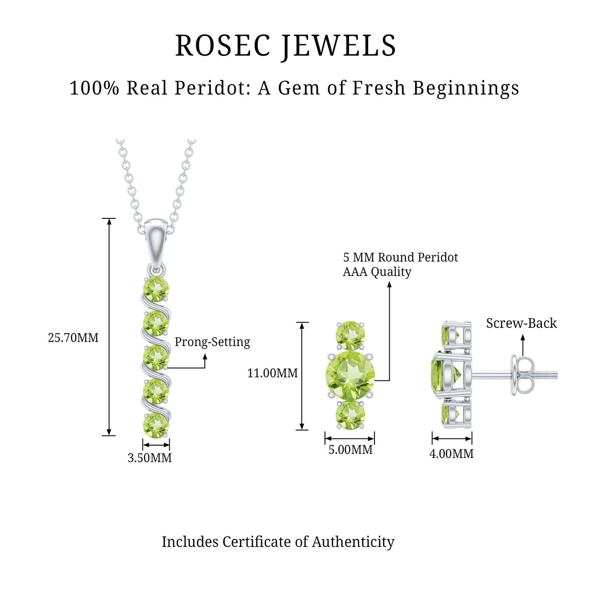 Round Cut Natural Peridot Bar Necklace and Earrings Set