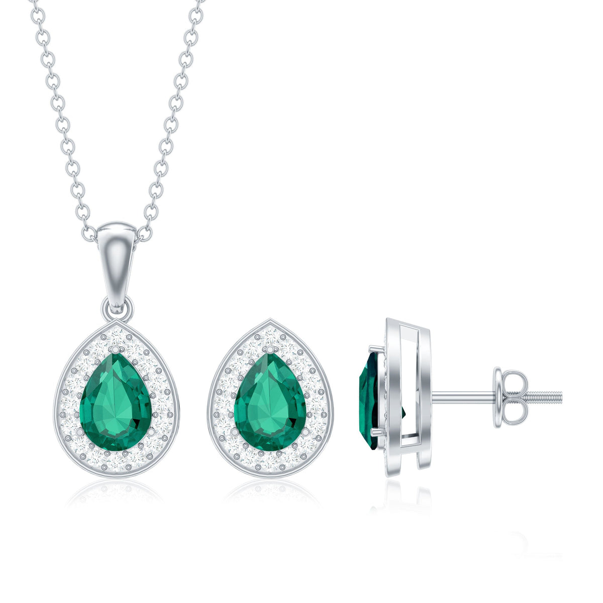 2 Carat Pear Shaped Lab Created Emerald and Diamond Teardrop Jewelry Set