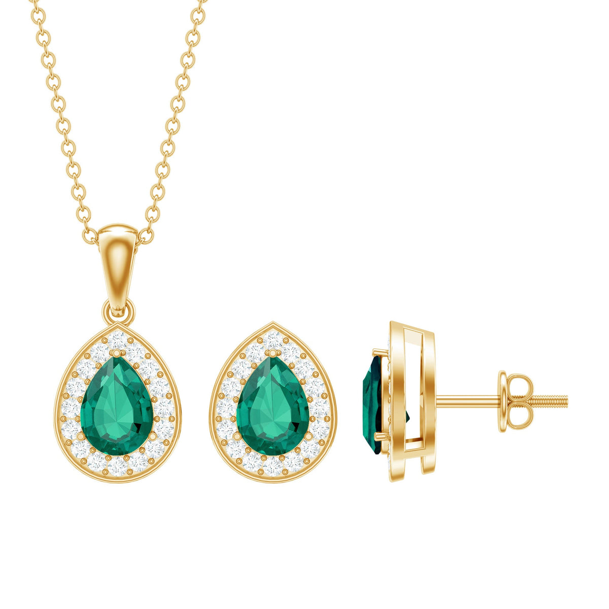 2 Carat Pear Shaped Lab Created Emerald and Diamond Teardrop Jewelry Set