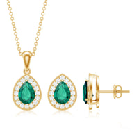 2 Carat Pear Shaped Lab Created Emerald and Diamond Teardrop Jewelry Set