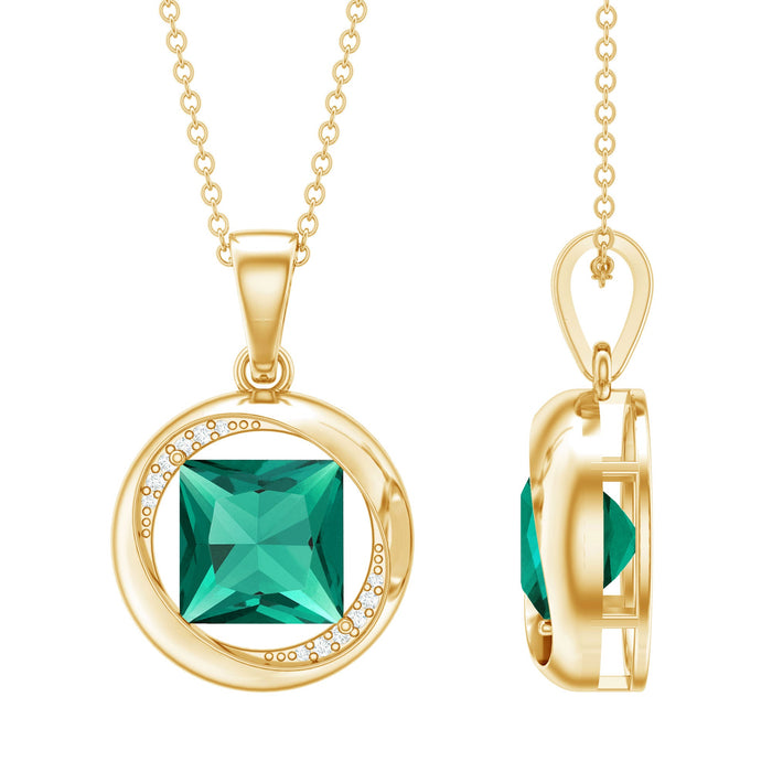 Lab-created 2.4 carat emerald princess cut pendant with diamond accents from Rosec Jewels, showcasing a stunning jewelry design.