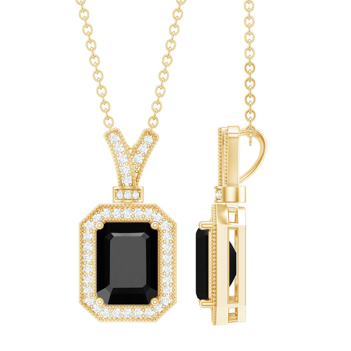 Emerald cut lab-grown black and white diamond vintage pendant necklace by Rosec Jewels, showcasing a sparkling 1.68 carat pendant.