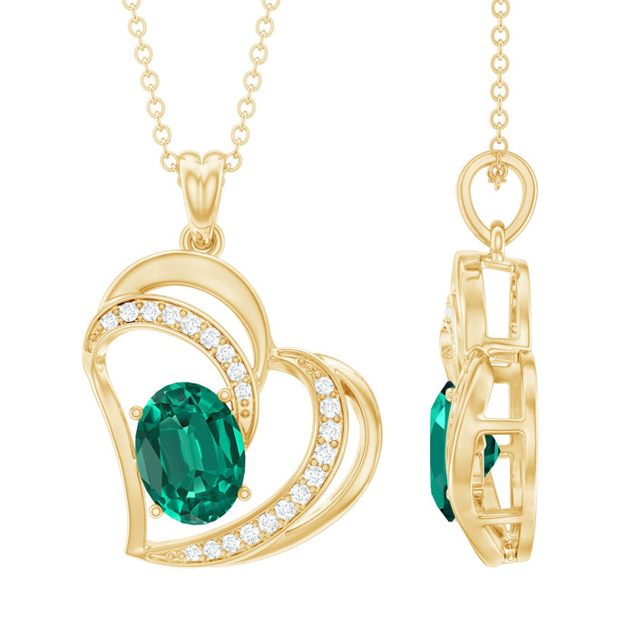 Lab grown emerald heart pendant necklace with sparkling diamonds, featuring a Rosec Jewels pendant on a delicate chain.