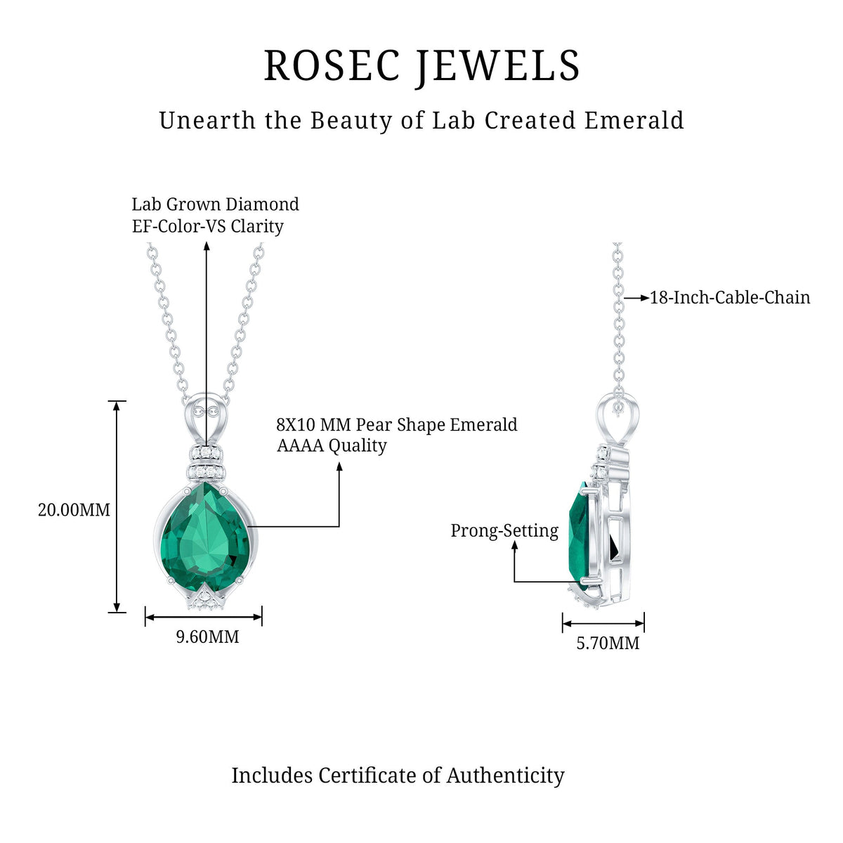 Pear Shape Lab Grown Emerald Solitaire Pendant Necklace