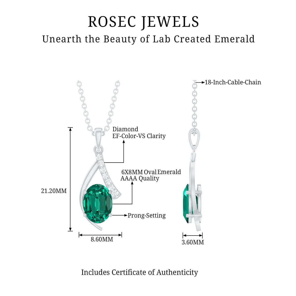 Certified Lab Grown Emerald Pendant Necklace with Diamond Accent