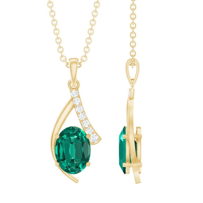 Lab grown emerald pendant necklace with diamond accent, featuring a radiant green gemstone and elegant design by Rosec Jewels.