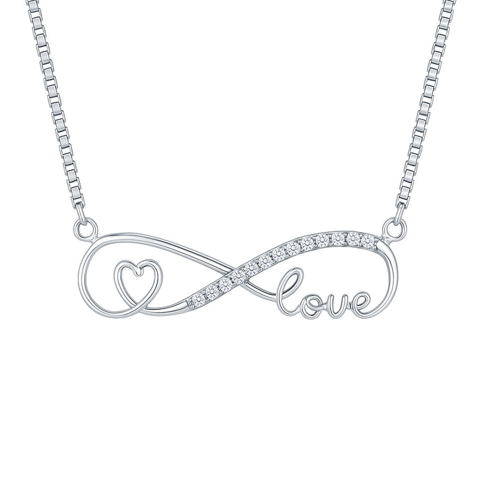 Sterling Silver Cubic Zirconia Infinity Necklace with Heart and Love