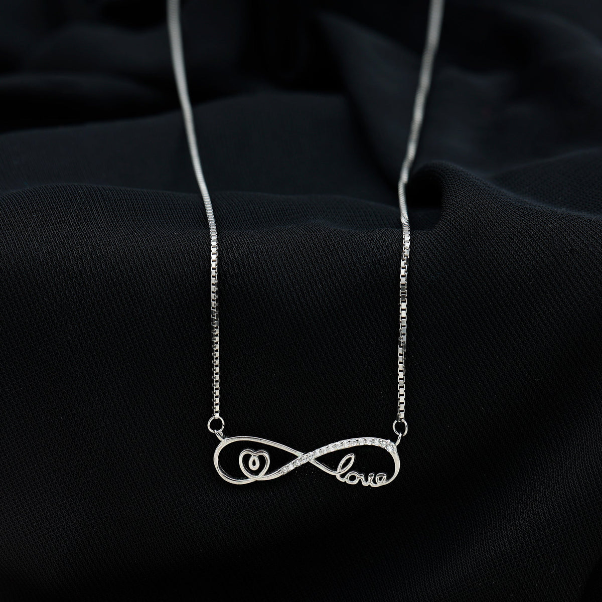 Sterling Silver Cubic Zirconia Infinity Necklace with Heart and Love