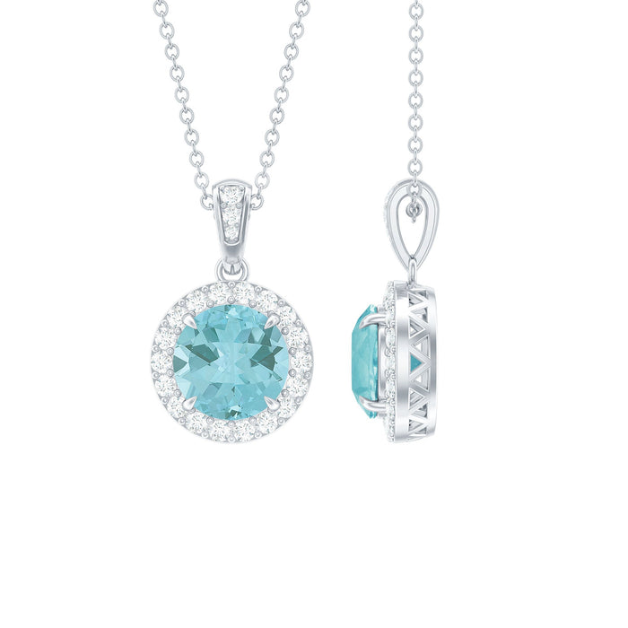 Round cut 2 carat sky blue topaz pendant necklace with silver chain by Rosec Jewels, featuring a sparkling blue gemstone.