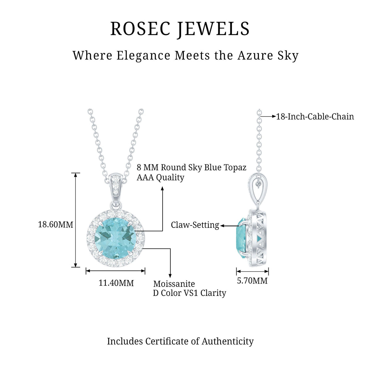 Round cut 2 carat sky blue topaz pendant necklace with silver chain from Rosec Jewels, featuring a sparkling blue gemstone.