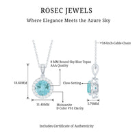 Round cut 2 carat sky blue topaz pendant necklace with silver chain from Rosec Jewels, featuring a sparkling blue gemstone.