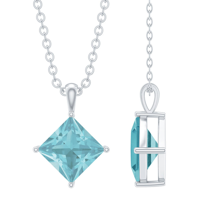 Sky blue topaz princess cut solitaire pendant with silver chain by Rosec Jewels, showcasing a striking 3-carat gemstone.