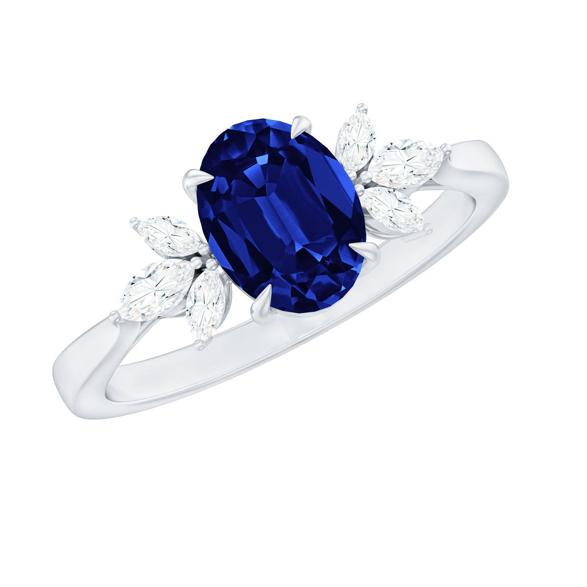 Oval lab-grown blue sapphire engagement ring with diamond trio setting from Rosec Jewels, showcasing sparkling stones and sleek band.