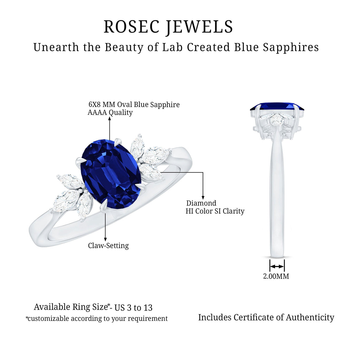 Elegant oval lab-grown blue sapphire engagement ring with diamond trio accents, crafted by Rosec Jewels.