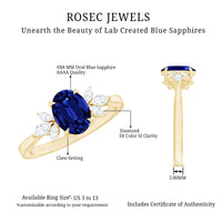 Certified 1.5 carat oval lab-grown blue sapphire engagement ring with diamond trio from Rosec Jewels, showing the elegant ring design.