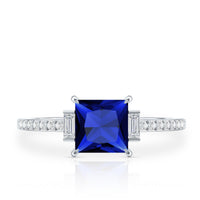 Princess Cut Created Blue Sapphire Solitaire Engagement Ring With Moissanite