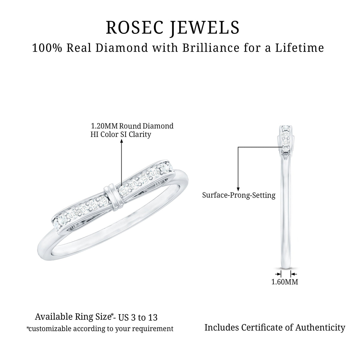 Natural diamond bow promise ring for women by Rosec Jewels, featuring a delicate design with sparkling diamonds in a ring setting.