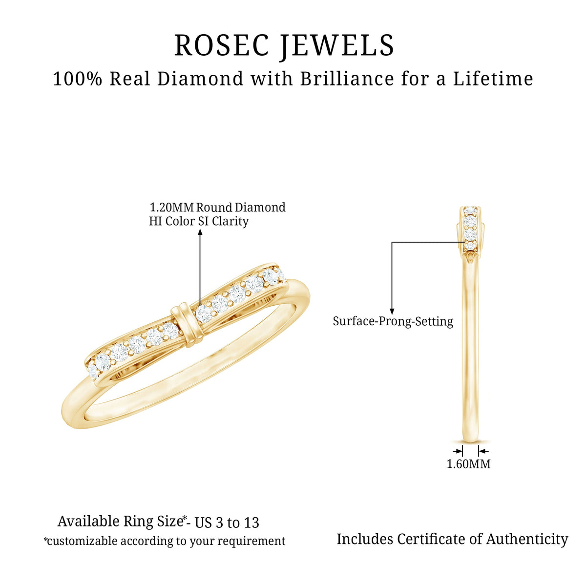 Natural diamond bow promise ring for women by Rosec Jewels, featuring a delicate bow design with sparkling diamonds.