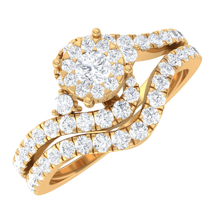 Diamond bypass engagement ring set with shadow band by Rosec Jewels, featuring sparkling diamonds and elegant gold design.