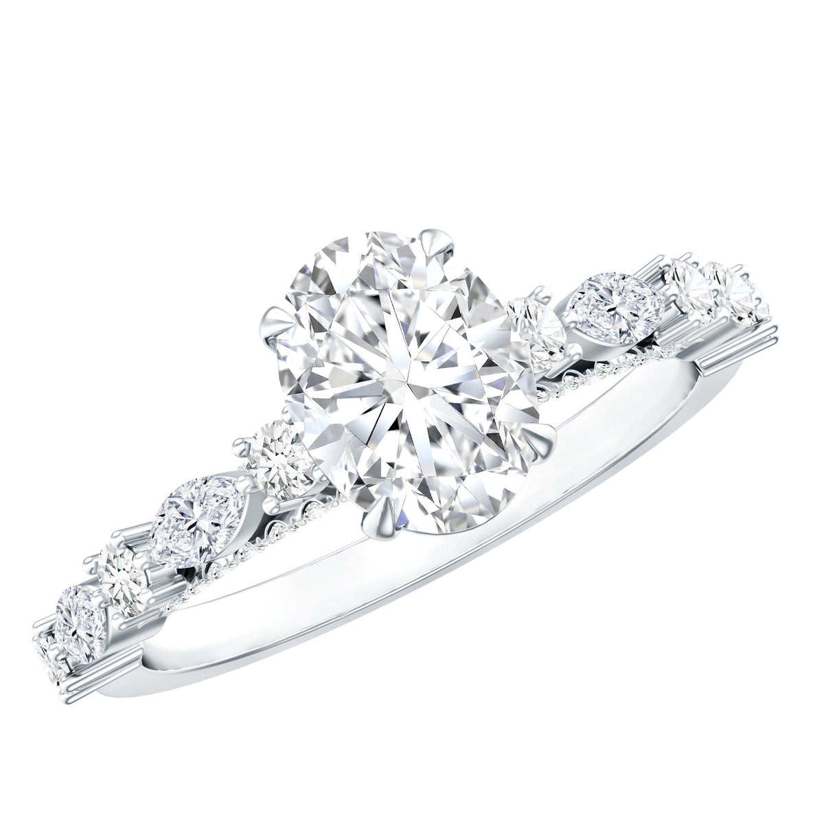 Oval moissanite solitaire engagement ring in claw setting by Rosec Jewels, featuring a sparkling center stone and elegant band.