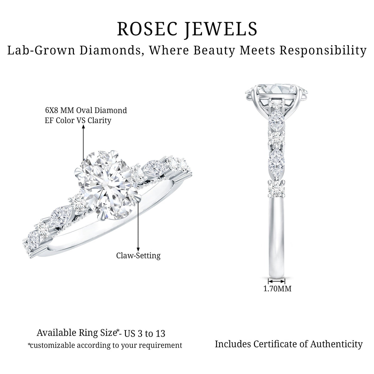Oval moissanite solitaire engagement ring in claw setting with a sleek band, designed by Rosec Jewels.