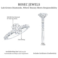 Oval moissanite solitaire engagement ring in claw setting with a sleek band, designed by Rosec Jewels.