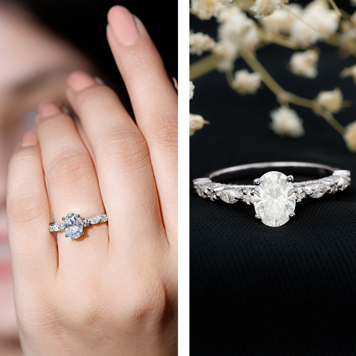 Oval Moissanite solitaire engagement ring in claw setting with a sleek band, featuring a sparkling oval gemstone.