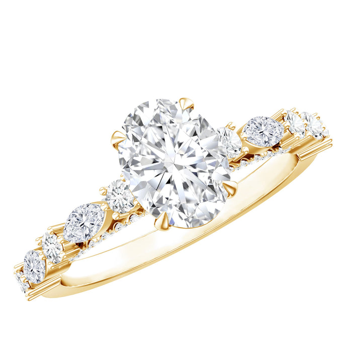 Oval moissanite solitaire engagement ring with claw setting by Rosec Jewels, showcasing the elegant ring design and sparkling gemstone.