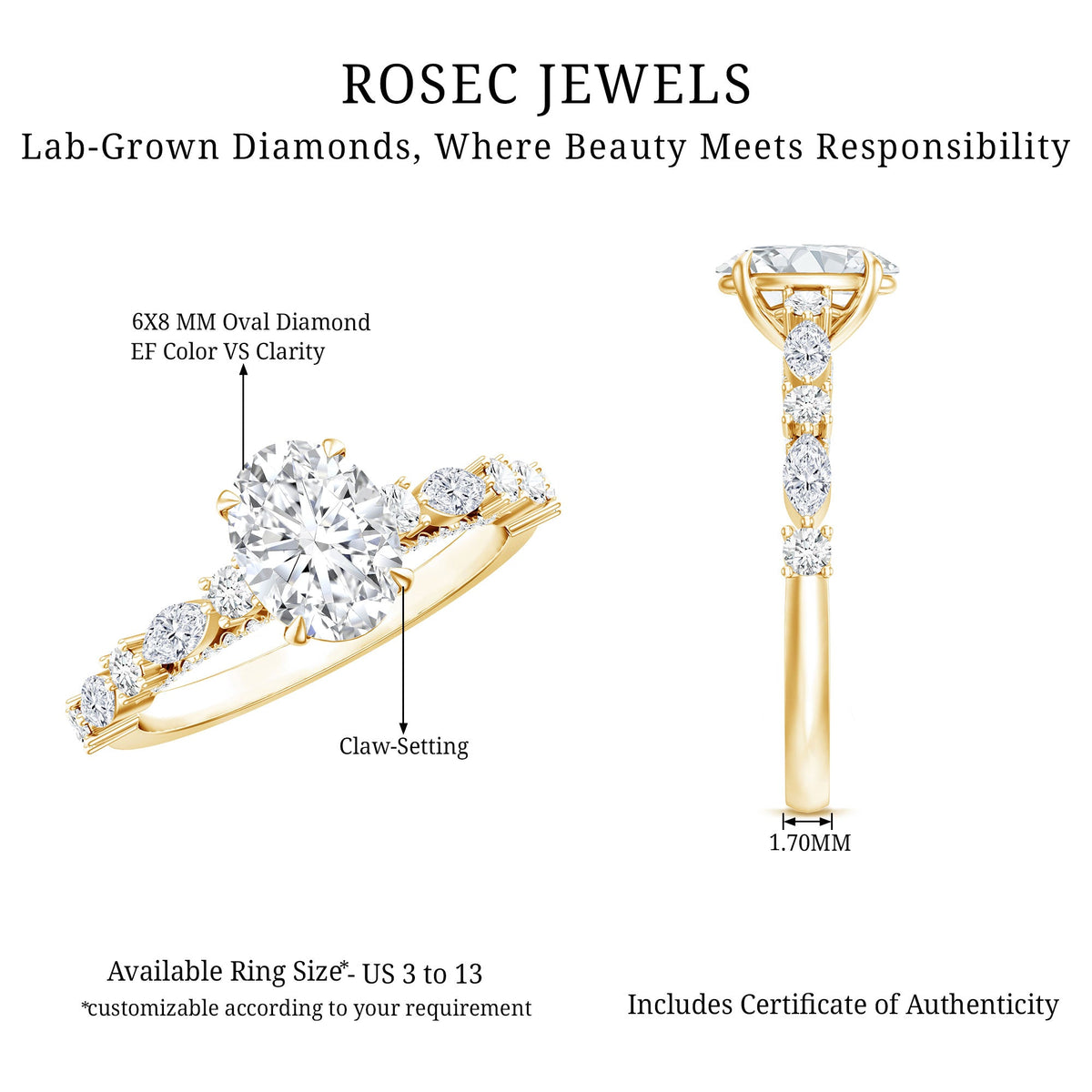 Oval moissanite solitaire engagement ring with claw setting from Rosec Jewels, showcasing a sparkling center stone on a sleek band.