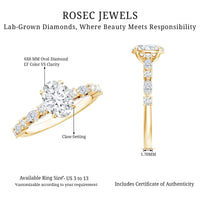 Oval moissanite solitaire engagement ring with claw setting from Rosec Jewels, showcasing a sparkling center stone on a sleek band.