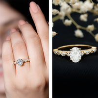 Oval moissanite solitaire engagement ring in claw setting with a sleek band, featuring the Rosec Jewels logo.