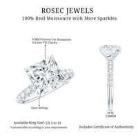 Princess Cut 3 Carat Moissanite Solitaire Engagement Ring with Side Stones