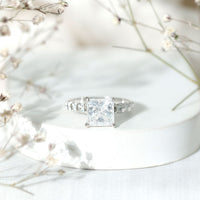 Princess Cut 3 Carat Moissanite Solitaire Engagement Ring with Side Stones