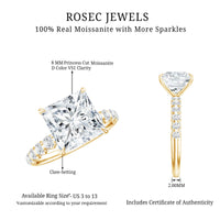Princess Cut 3 Carat Moissanite Solitaire Engagement Ring with Side Stones