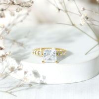Princess Cut 3 Carat Moissanite Solitaire Engagement Ring with Side Stones