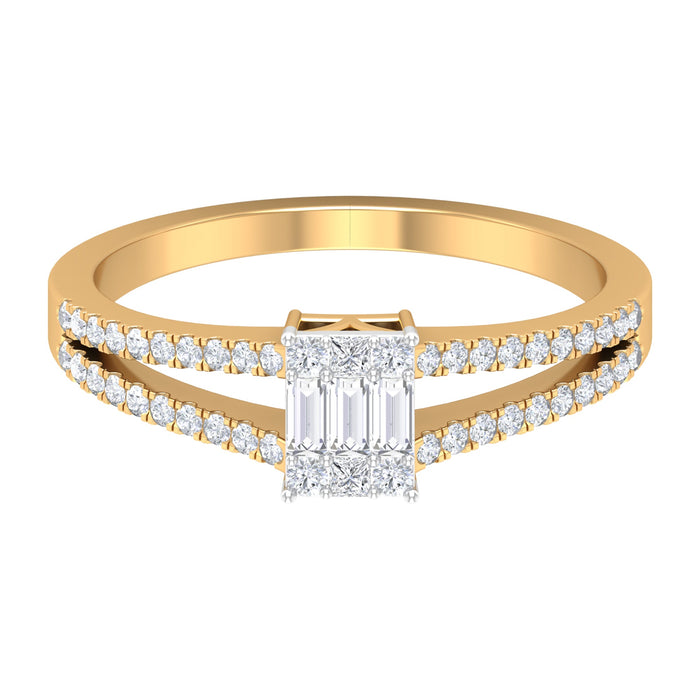 Rosec Jewels diamond engagement ring with split shank and illusion setting showcasing sparkling diamonds and elegant design.