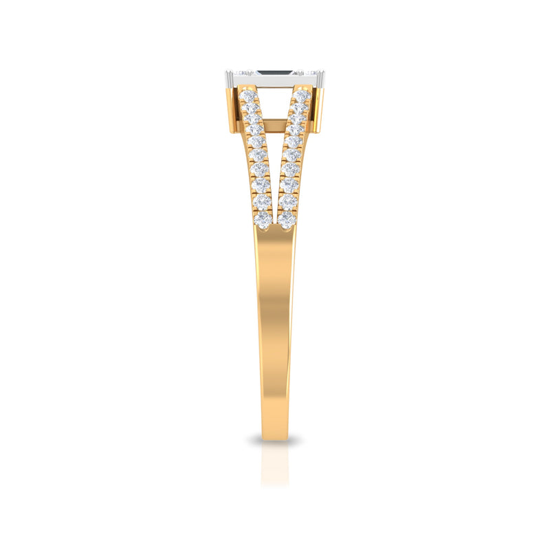 Diamond engagement ring with split shank and illusion setting by Rosec Jewels, showcasing sparkling diamonds and intricate band details.
