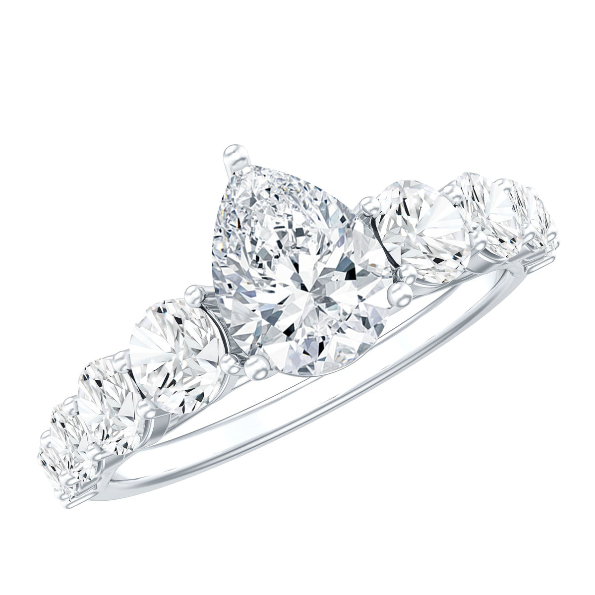 Rosec Jewels Perfect Pear Moissanite Engagement Ring with a sparkling pear-shaped center stone and delicate band design.