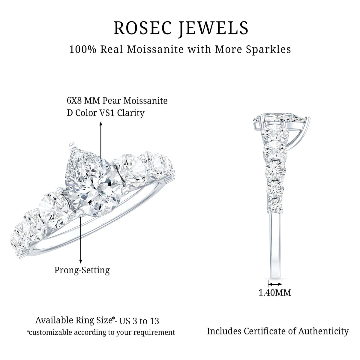 Rosec Jewels Perfect Pear engagement ring featuring a sparkling moissanite gemstone set in a elegant ring design.