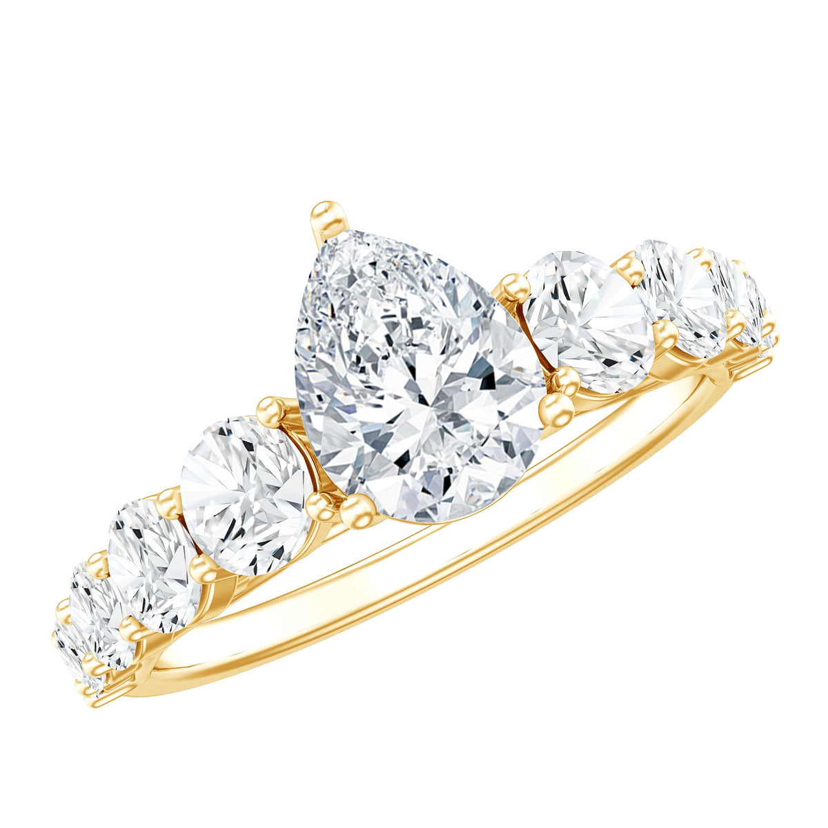 Rosec Jewels Perfect Pear Moissanite Engagement Ring showcasing a pear-shaped center stone and elegant band design