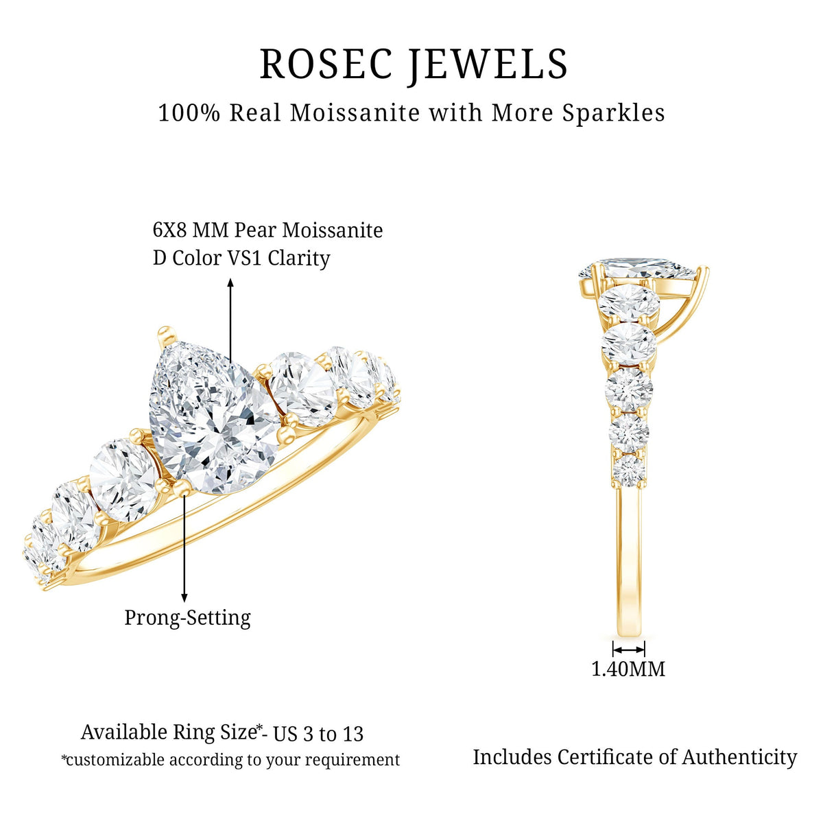 Rosec Jewels Perfect Pear Moissanite Engagement Ring showcasing a sparkling pear-shaped moissanite gemstone on a silver band.