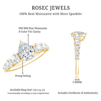 Rosec Jewels Perfect Pear Moissanite Engagement Ring showcasing a sparkling pear-shaped moissanite gemstone on a silver band.