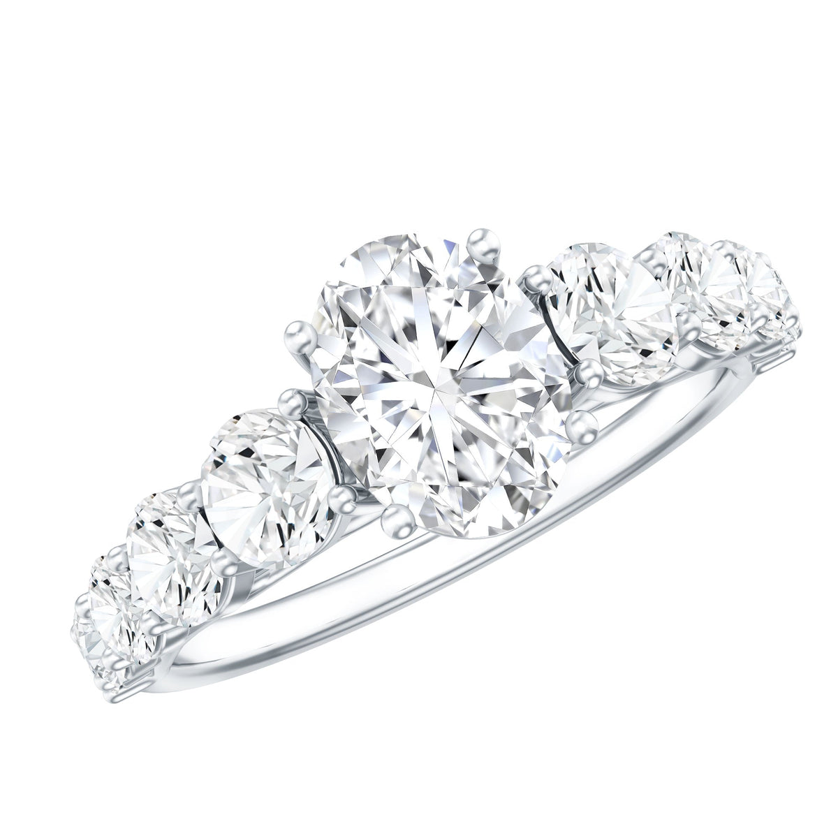 Oval cut moissanite side stone engagement ring by Rosec Jewels featuring a 1.2 carat center stone and elegant band design.